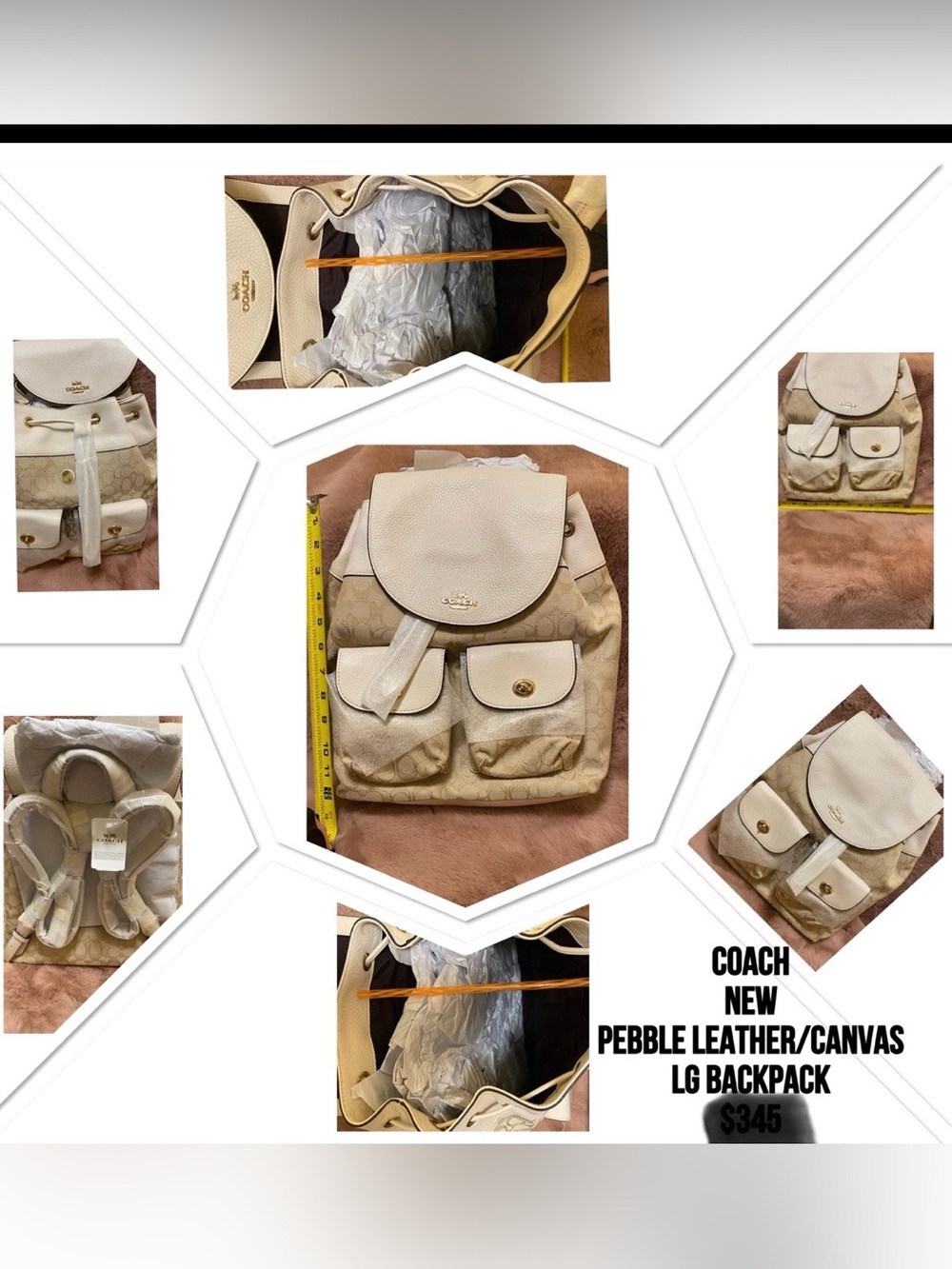 Coach Pebble Leather & Canvas Large Backpack - Cream/Tan